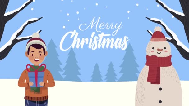 Mery christmas lettering with man and snowman animation — Stock Video