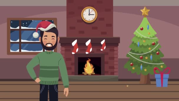 Merry christmas animation with man in fireplace — Vídeo de Stock