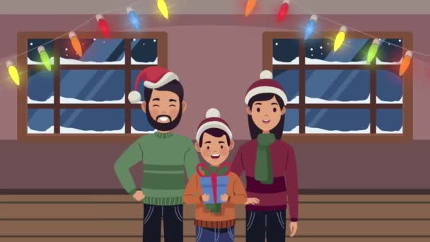 Merry christmas animation with family and lights bulbs — 图库视频影像