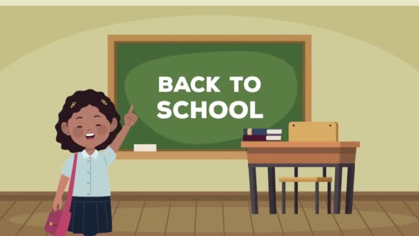 Back to school lettering in chalkboard with afro schoolgirl — Vídeo de Stock