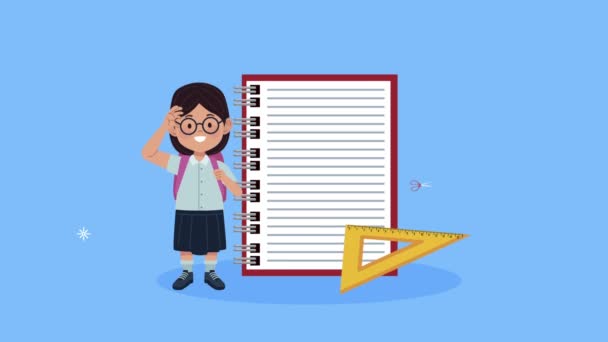 Back to school animation with schoolgirl and notebook — Stockvideo