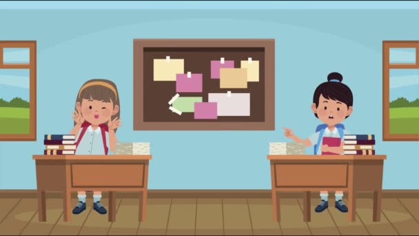 Back to school animation with schoolgirls in classroom — Stockvideo