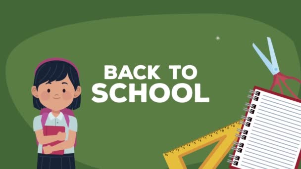 Terug naar school belettering met schoolmeisje en benodigdheden — Stockvideo
