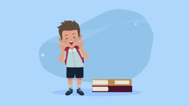 Volver a la animación escolar con colegial y libros — Vídeo de stock