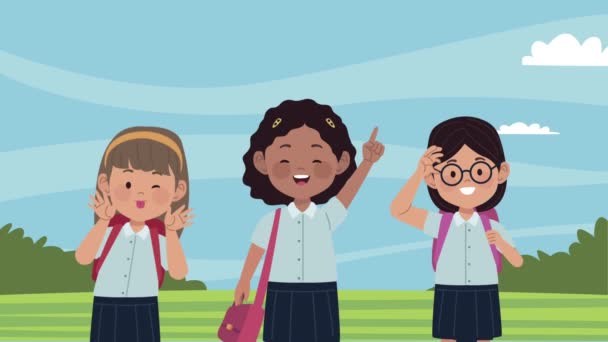 Back to school animation with schoolgirls — Stockvideo