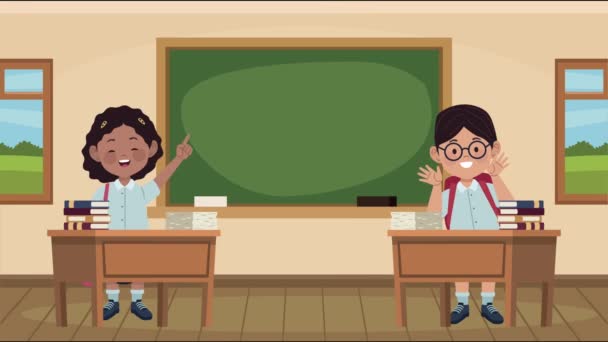 Volver a la animación escolar con los estudiantes en el aula — Vídeo de stock