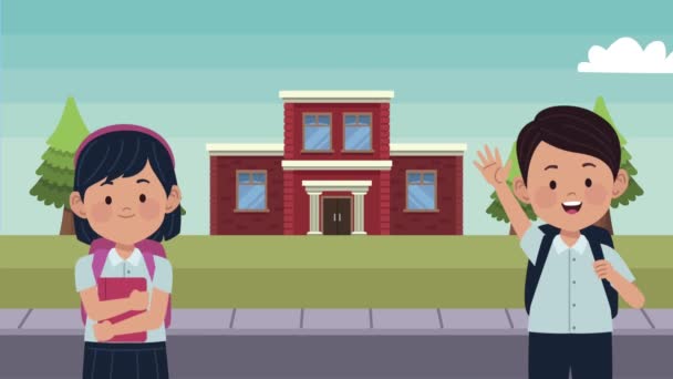 Students girls and school building animation — Stock Video