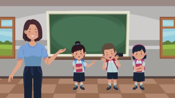 School animation with teacher and students classroom — Stock Video