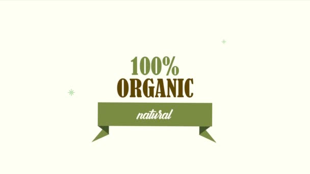 100% organický znak s rámečkem stuhy — Stock video