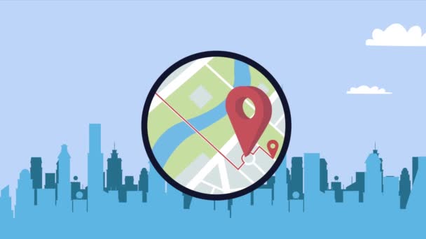 Сервис gps увеличивает масштаб с помощью значка на город — стоковое видео