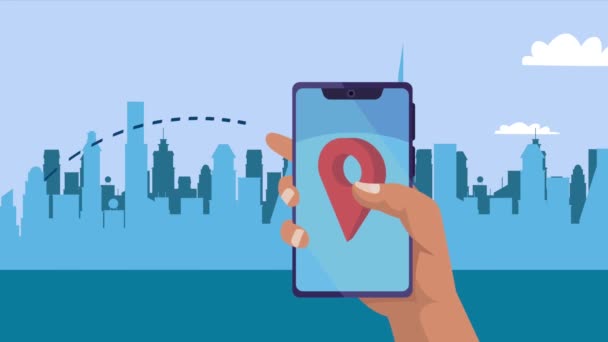 Hand met smartphone op de stad — Stockvideo
