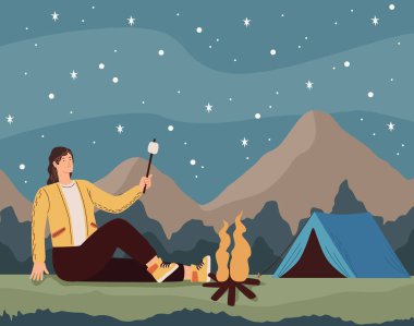 Marshmello yiyen kadın gezgin.