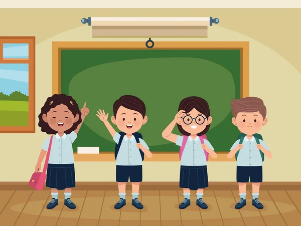 Quatro alunos crianças em sala de aula — Vetor de Stock