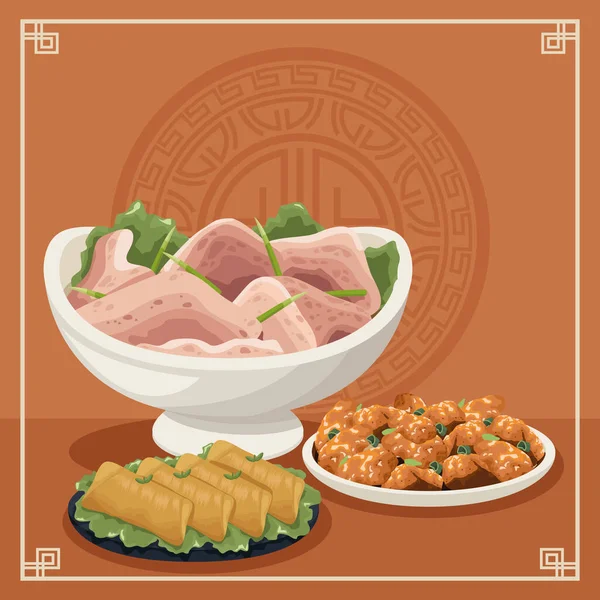 Три сцены китайской кухни — стоковый вектор