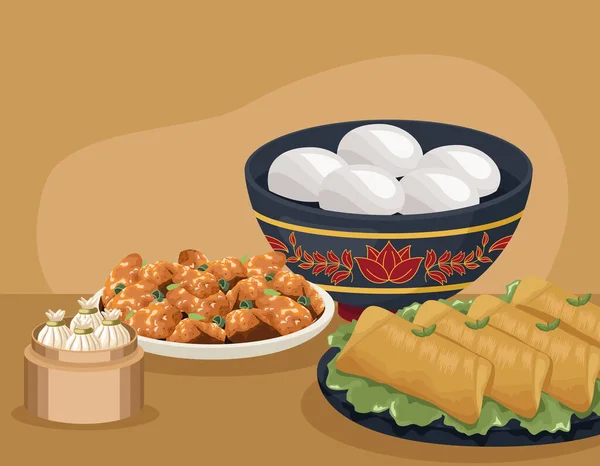 Quatro pratos de comida chinesa cena — Vetor de Stock