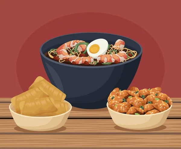 Tres comida china en la mesa — Vector de stock