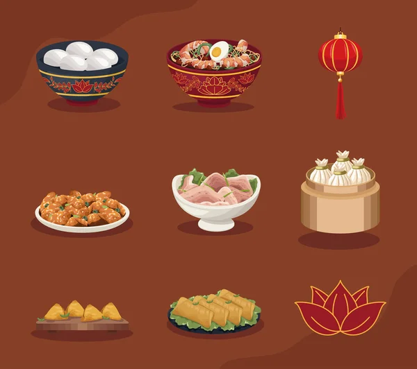 Nine chinese food dishes — Stock Vector