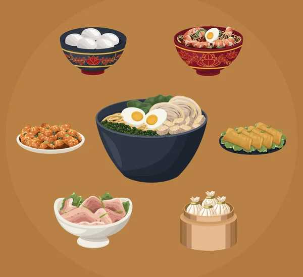 Sette piatti della cucina cinese — Vettoriale Stock