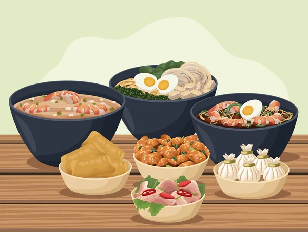 Семь китайских продуктов питания в таблице — стоковый вектор