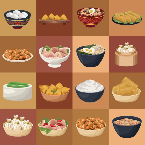 Dieciséis platos de comida china — Vector de stock