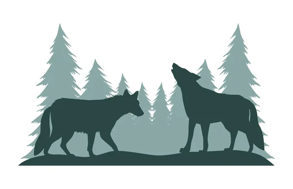 Wolven in landschapssilhouetten — Stockvector