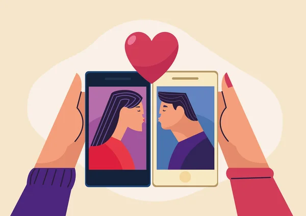 Hands with lovers in smartphones — Stock Vector