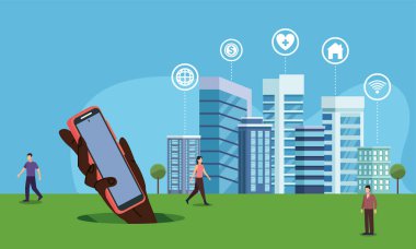 akıllı telefon kullanan akıllı şehir ve el