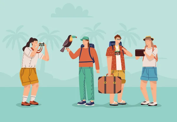 Cuatro turistas viajeros personajes — Vector de stock