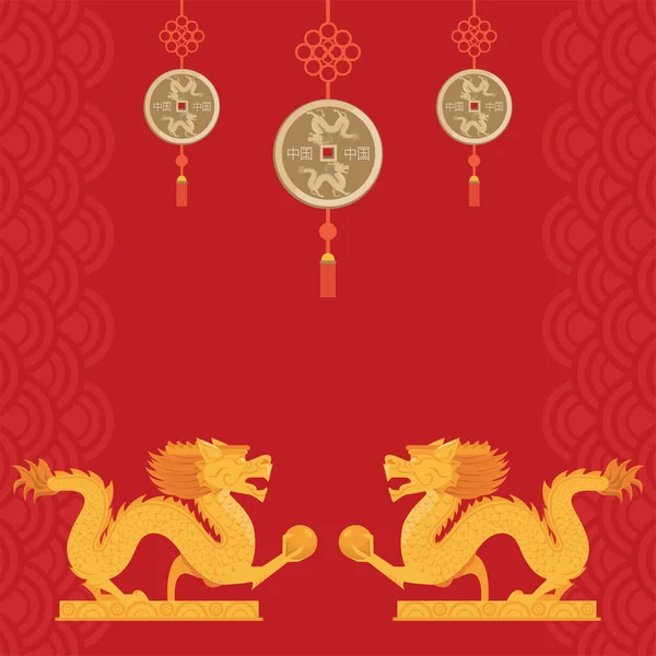 Cultura chinesa dragões dourados — Vetor de Stock