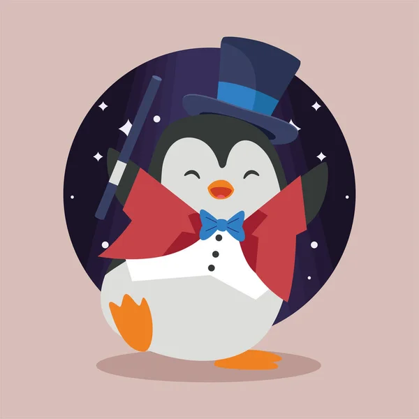 Circo pinguino mago personaggio — Vettoriale Stock