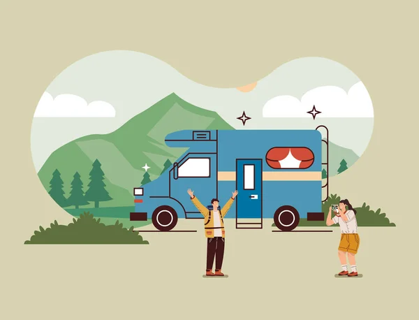 Camping-car bleu et couple — Image vectorielle