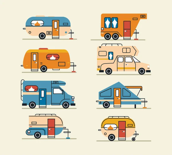 Oito veículos caravanas campistas —  Vetores de Stock