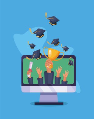 Mezun öğrencilerin elleri ile bilgisayar