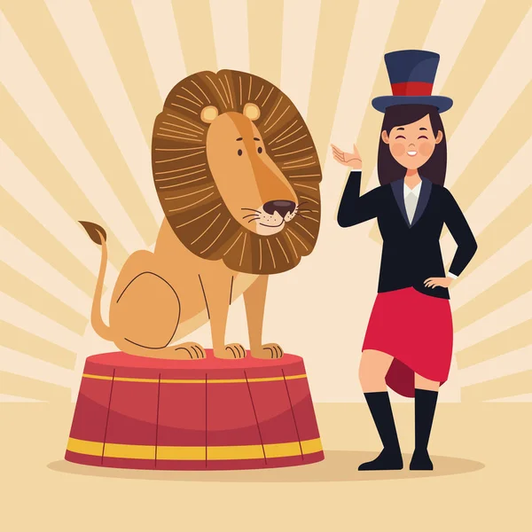 Entrenador De Circo Con Un Látigo En Un Traje Rojo. Un Domador De Animales  Se Encuentra Junto A Un León Sonriente. Ilustraciones svg, vectoriales,  clip art vectorizado libre de derechos. Image 91172115