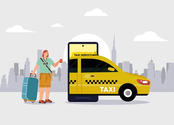 Frau mit Taxi im Smartphone — Stockvektor