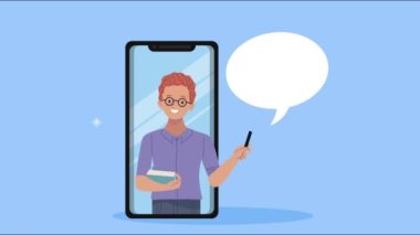 Akıllı telefondaki genç adam konuşma balonu animasyonuyla