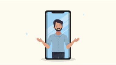 Akıllı telefon animasyonundaki genç adam.