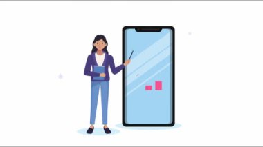 Akıllı telefonu ve istatistik çubuğu olan genç bir kadın