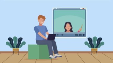 Laptop animasyonuyla iletişim kuran genç çift
