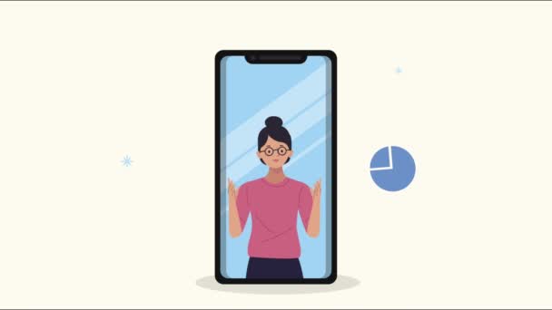 Молодая женщина в анимации смартфона — стоковое видео
