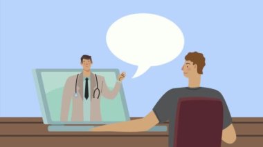 Laptop 'taki hasta ve erkek doktor tele-tıp uzmanı