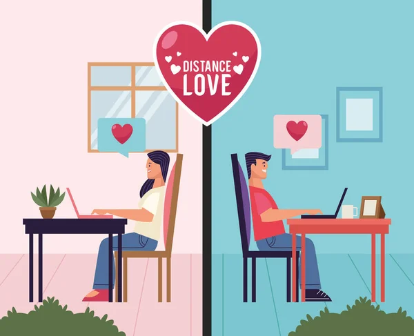 Distance love lettering with lovers — Stock Vector