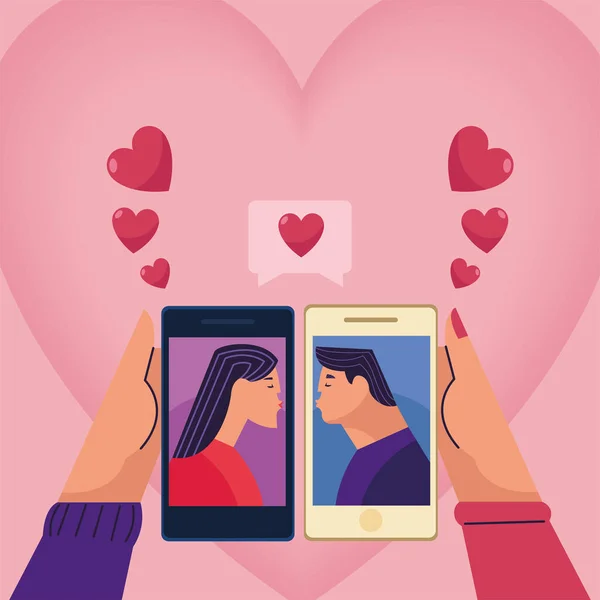 Distance love relationship with smartphones — Stock Vector