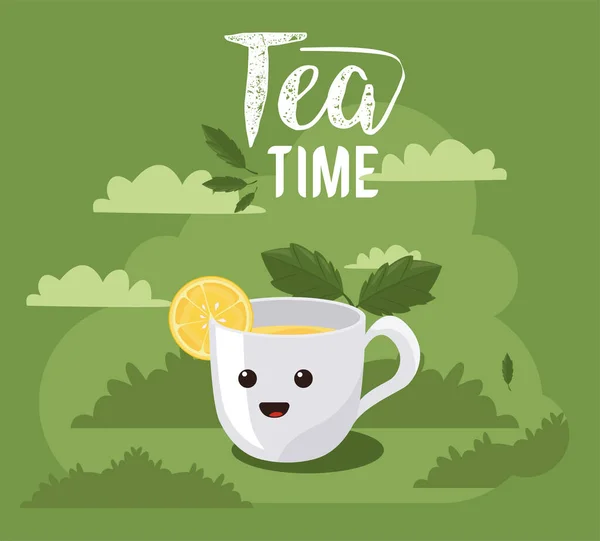 Letras de la hora del té con la taza kawaii — Vector de stock