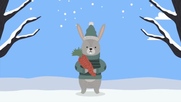 Conejo en el paisaje de nieve temporada de invierno — Vídeos de Stock