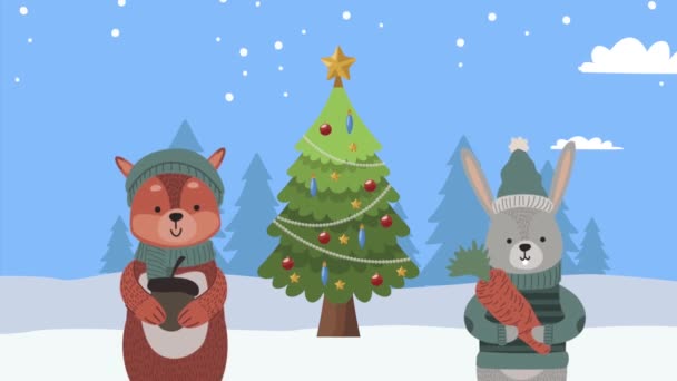 Merry christmas animation with animals and tree — Stock Video