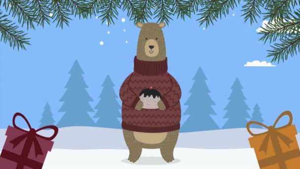 クマやギフトを使ったメリークリスマスのアニメーション — ストック動画