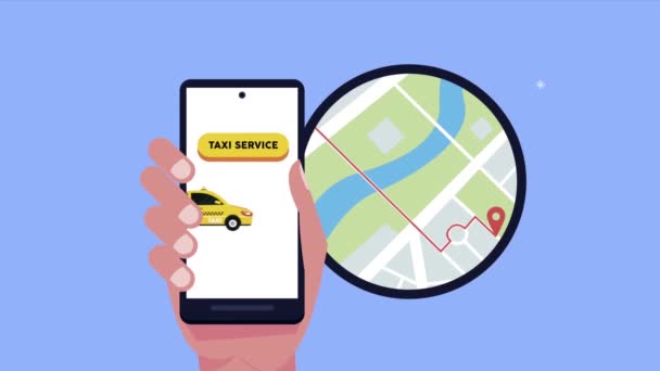 Рука со смартфоном и картой такси — стоковое видео