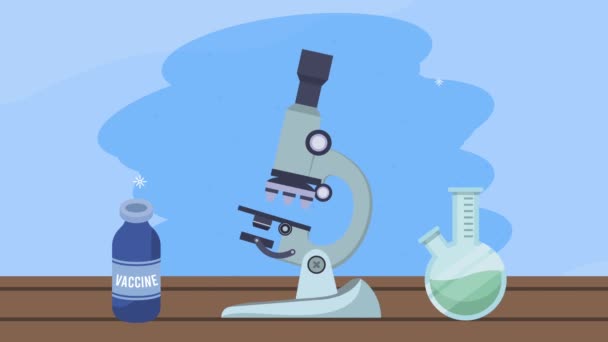 Microscopio de laboratorio con animación vacunal — Vídeo de stock