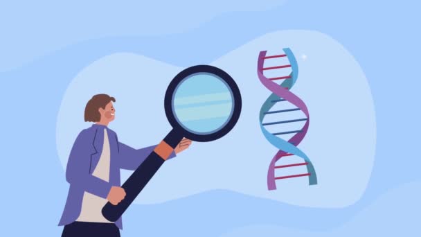 Scienziata con lente d'ingrandimento e DNA — Video Stock